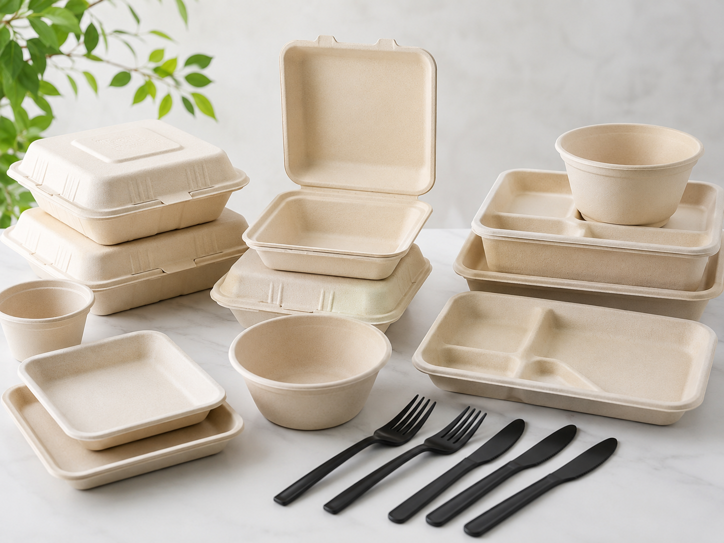 Photo of bagasse food packaging and black cutlery
