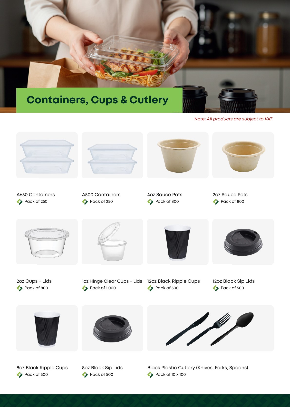 Packaging catalogue showing containers, cups, lids and cutlery without pricing