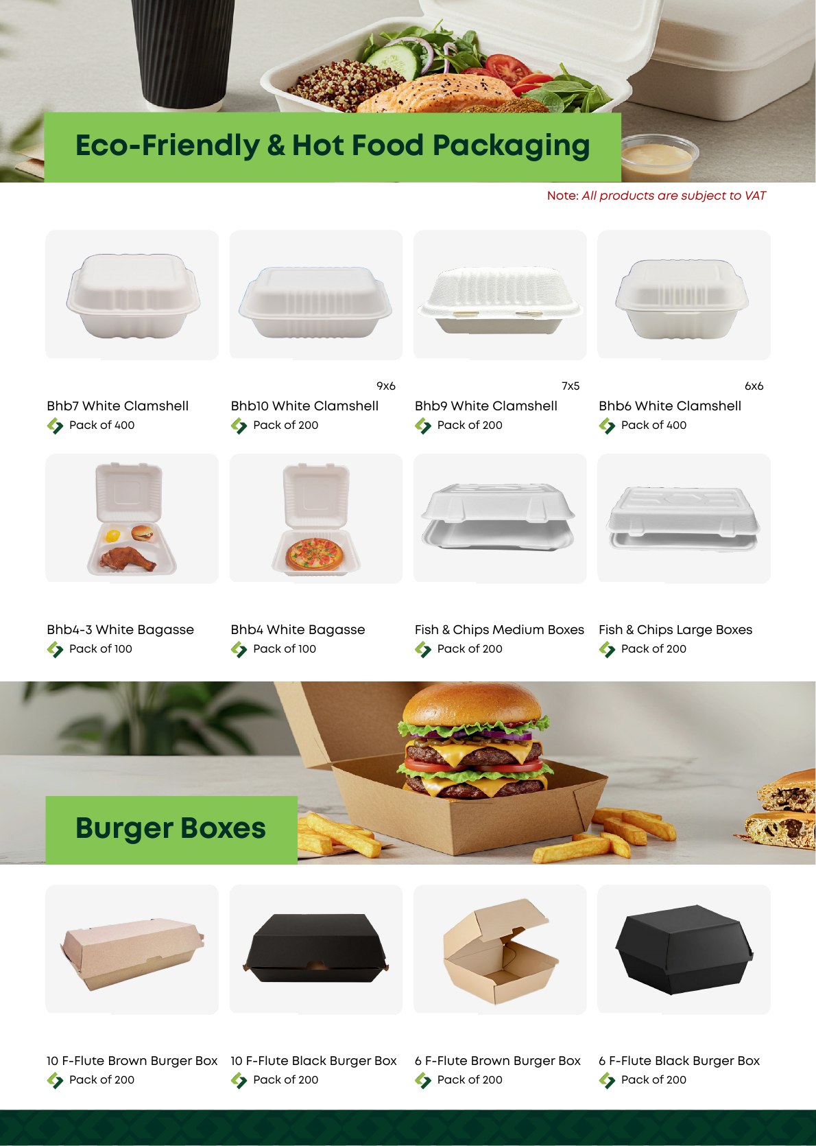 Packaging catalogue showing eco-friendly hot food packaging and burger boxes without pricing