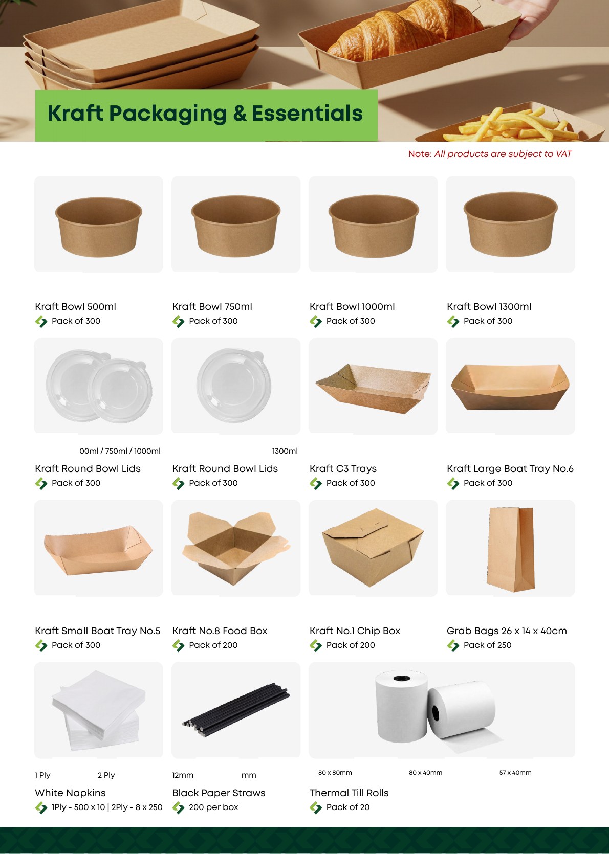 Packaging catalogue showing kraft bowls, lids, trays, bags, napkins and till rolls without pricing
