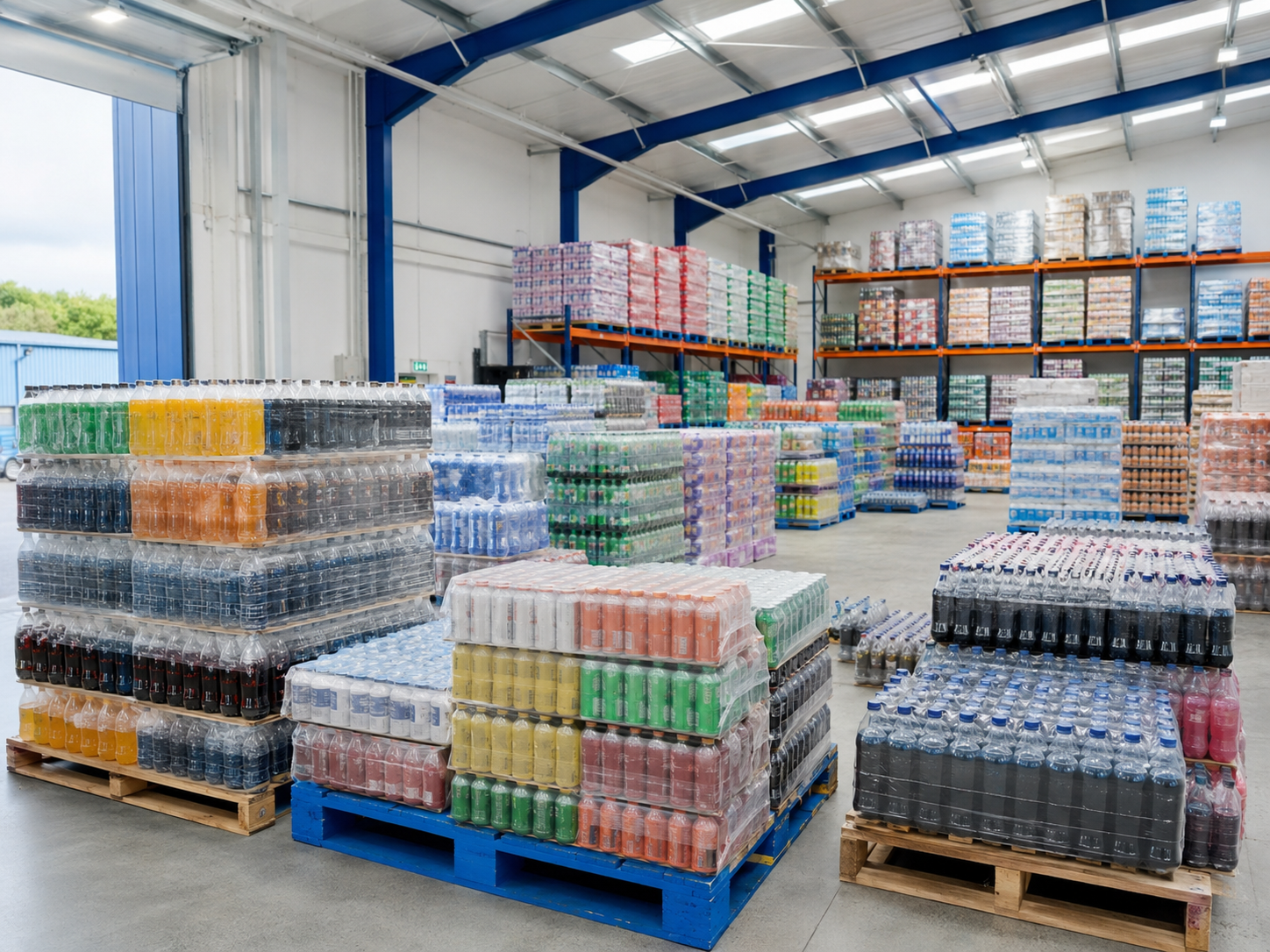 Photo of wholesale drinks stacked on pallets inside a warehouse
