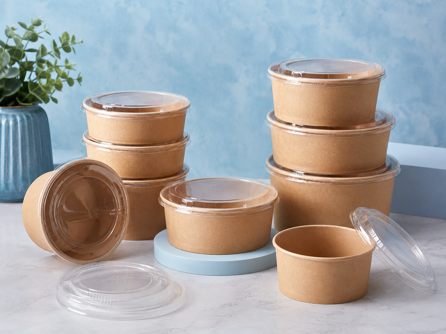Photo of kraft takeaway bowls and clear lids